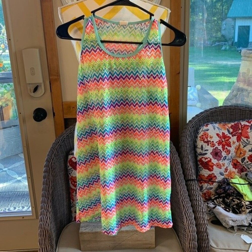 ❗️3/23 OP Rainbow Chevron Eyelet Fish Net Girls Swimsuit Cover Up Dress